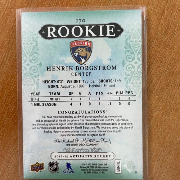 2018-19 Artifacts Autograph Materials Emerald #170 Henrik Borgstrom #'d 8/35 - Picture 2 of 2
